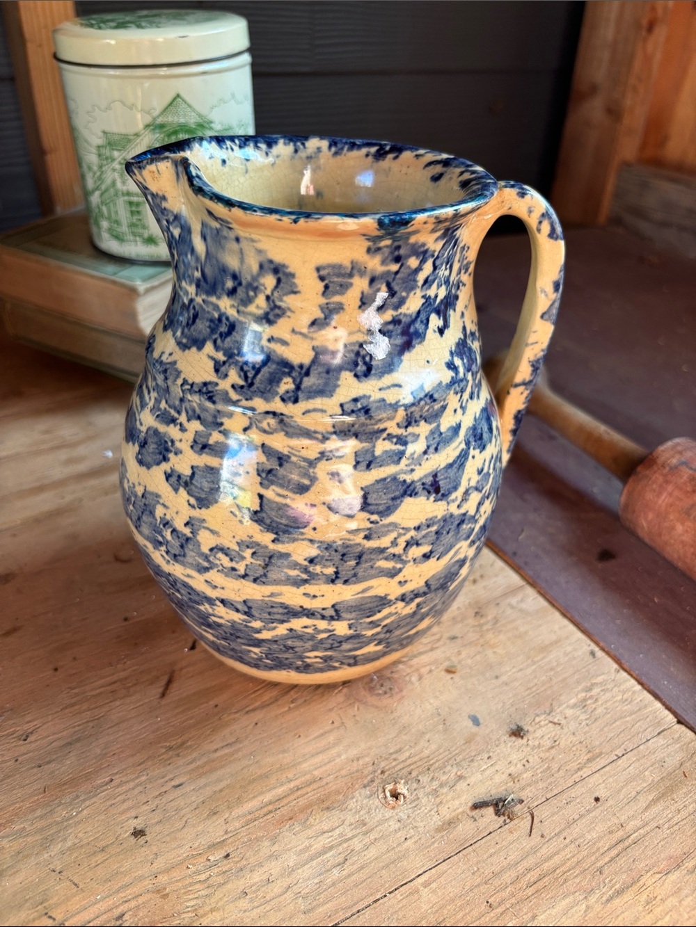 Vintage Blue Speckled Ceramic Pitcher -